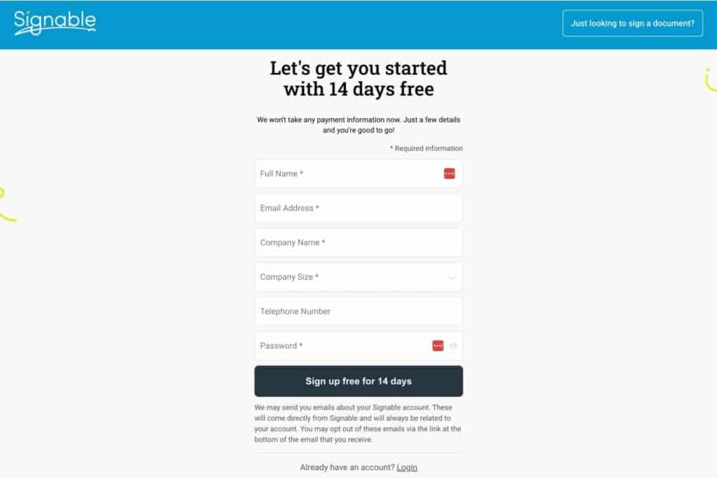 screenshot of the registration page on the Signable website